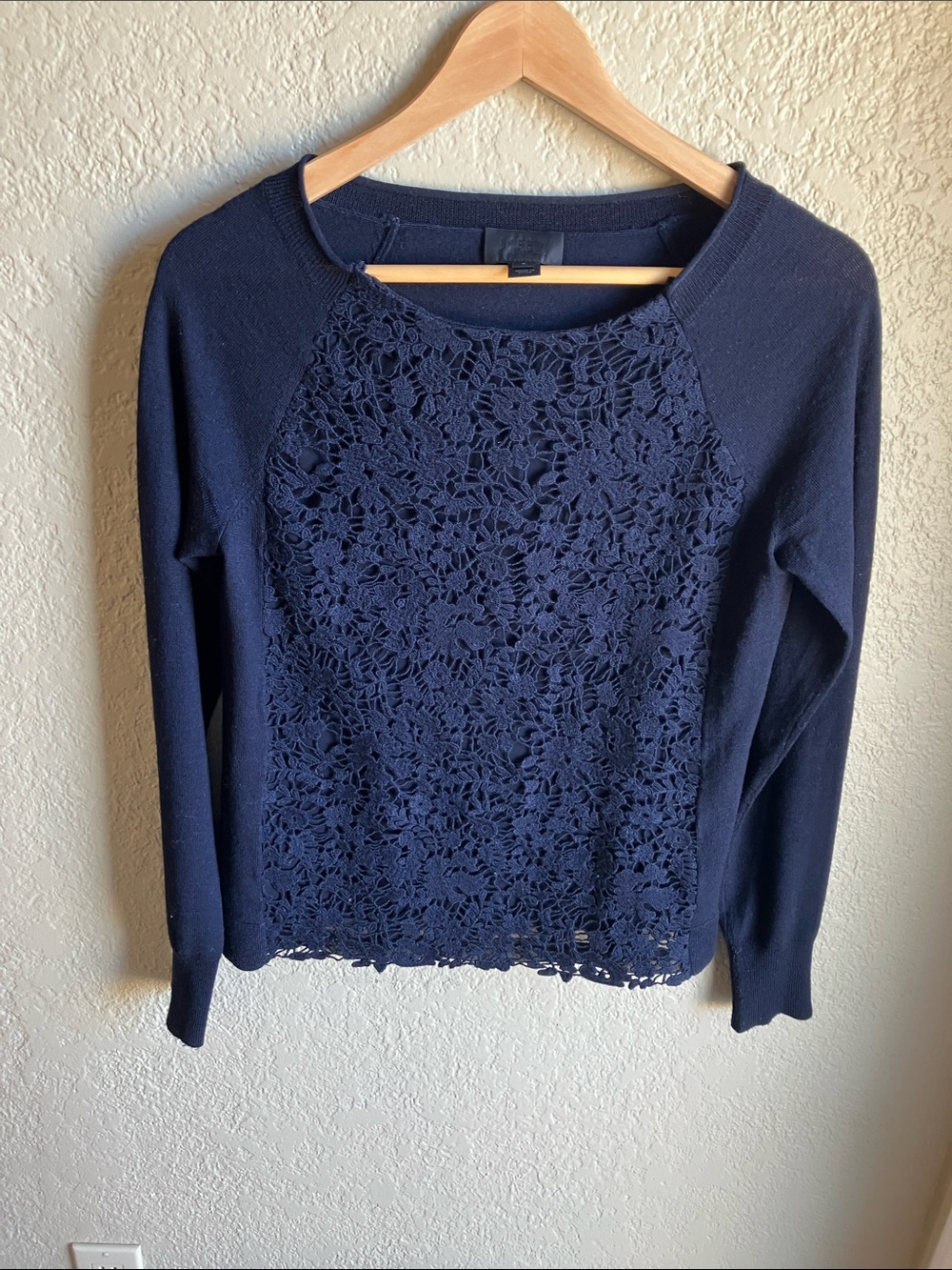 J Crew navy merino sweater with lace panel